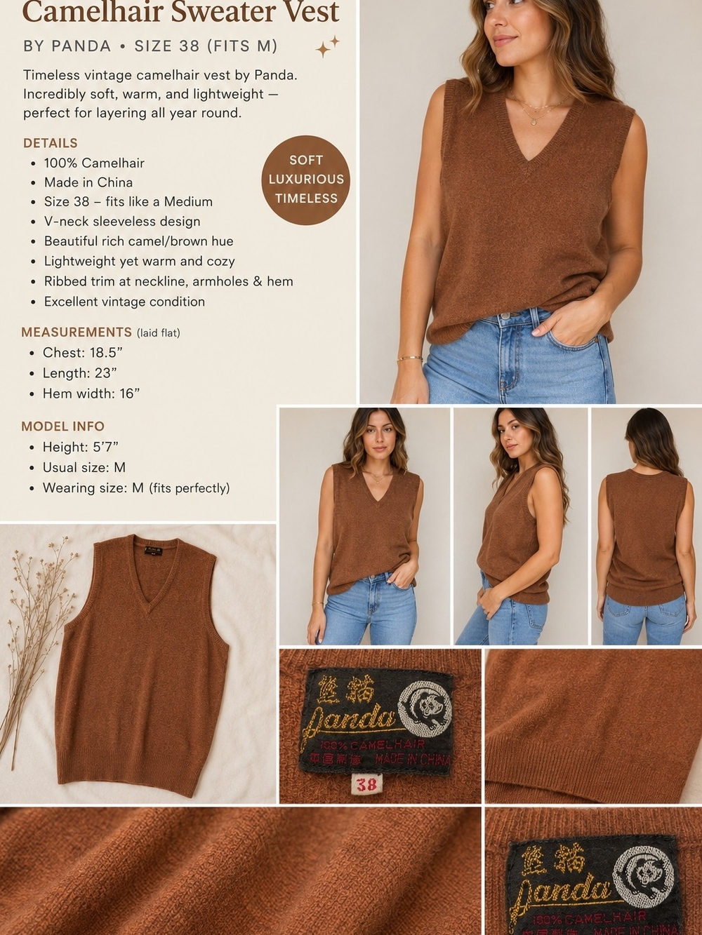 Camelhair V-neck Sweater Vest — Camel/Brown